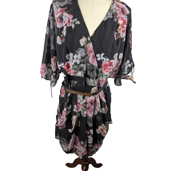 City‎ Chic French Wrap Dress Belted Mini Black Pink Floral Size L/20 - Picture 1 of 4